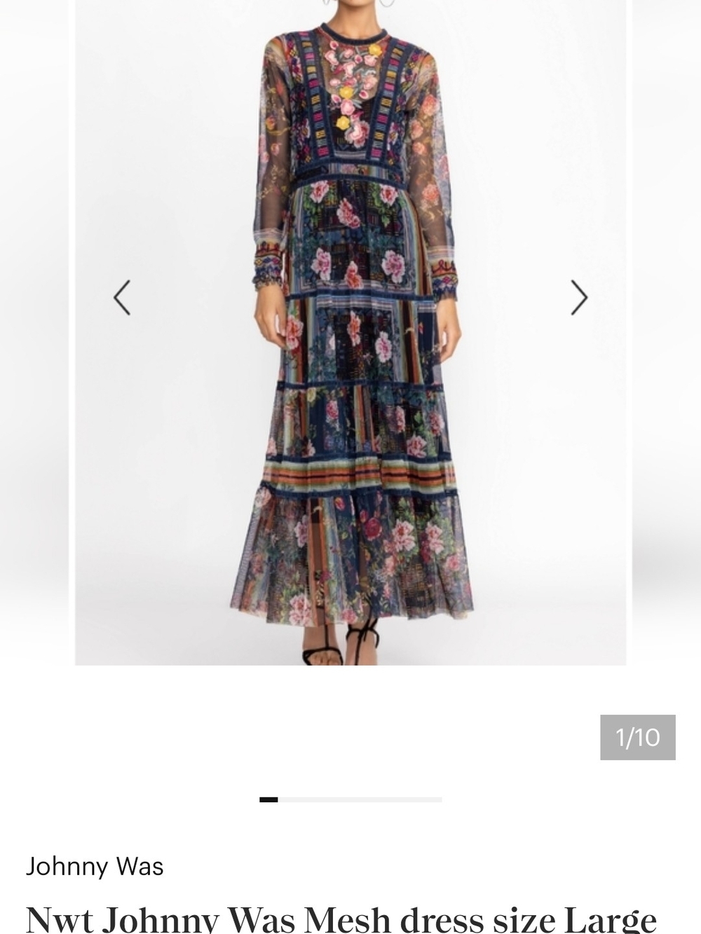 Johnny Was Navy Floral Mesh Maxi Dress with Pink and Green Embroidery